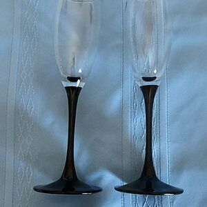 Pair of Clear Luminarc France Cobalt Blue Stem Champagne Flute Wine Glas…